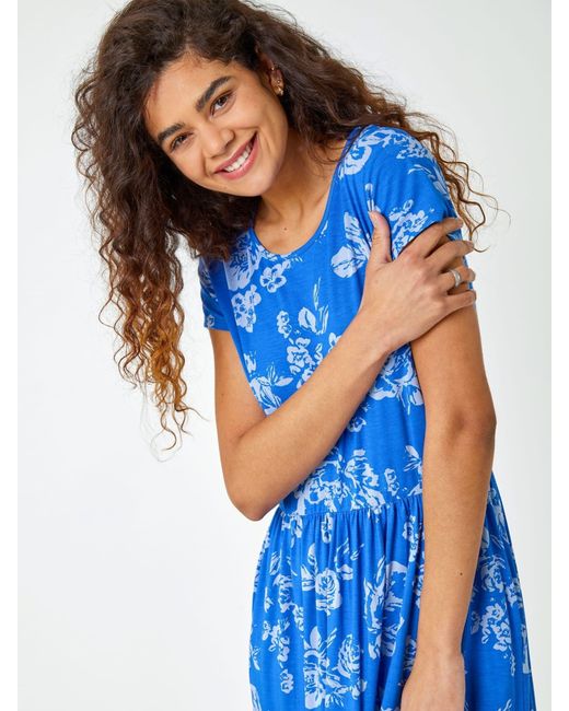 Roman Blue Floral Print Midi Stretch Dress