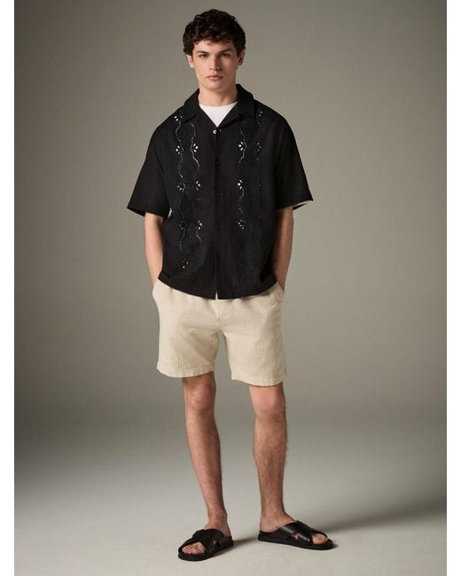 Next Black 100% Cotton Textured Broderie Short Sleeve Shirt for men