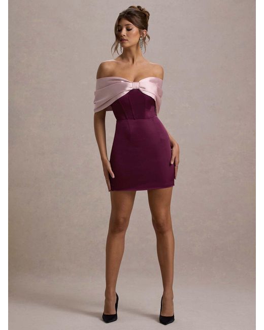 Club L London Purple Linley Satin Bow Bardot Mini Dress
