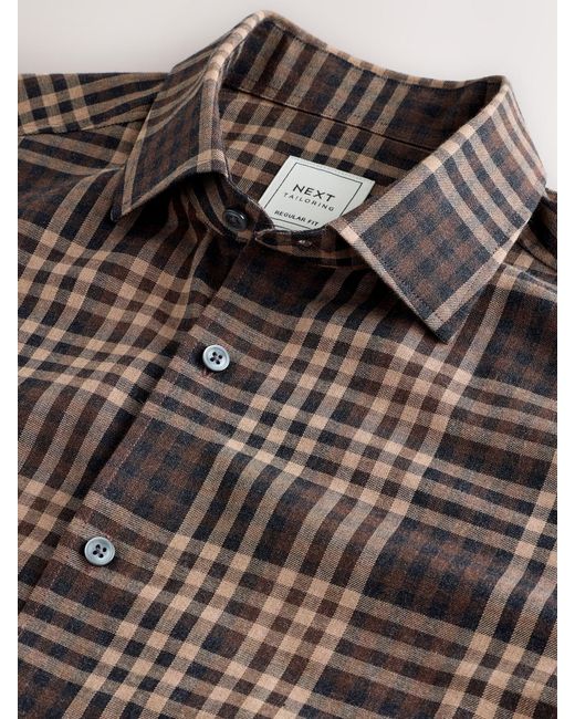 Next Brown Regular Fit Check Soft Touch 100% Cotton Smart Long Sleeve Shirt for men