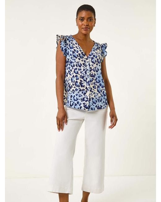 Roman Blue Animal Print Frill Sleeve Blouse