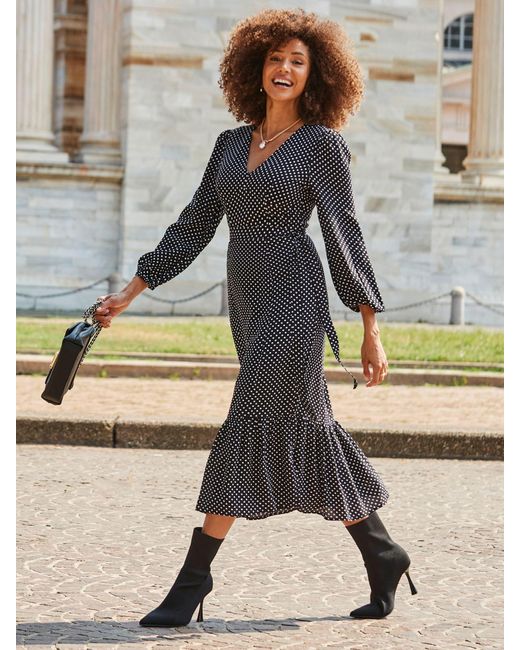 Sosandar Gray Spot Print Belted Midi Dress