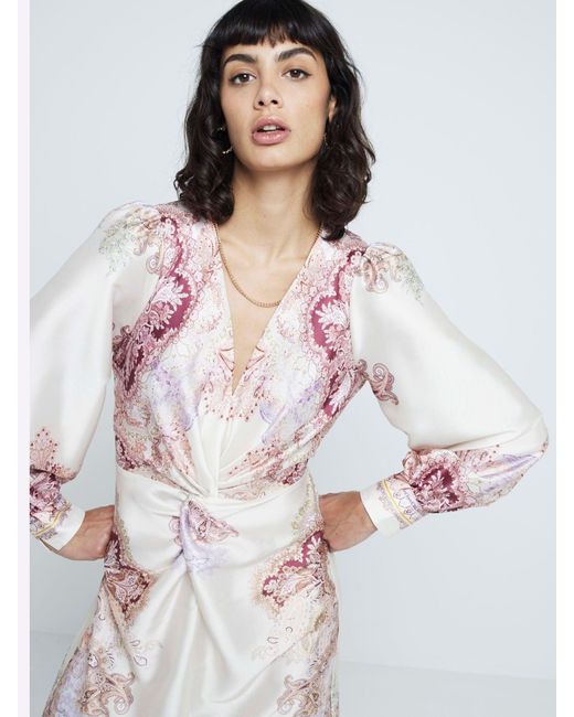 River Island White Bedrucktes Kleid Mit V-Ausschnitt Und Verdrehter Vorderseiteeu 34 (Uk 6)
