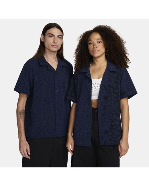 Nike Sb Bowlingshirt Met Korte Mouwen, Print En Knoopsluiting in het Blue