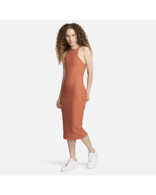 Nike Orange Sportswear Chill Knit Slim Sleeveless Ribbed Midi Dress