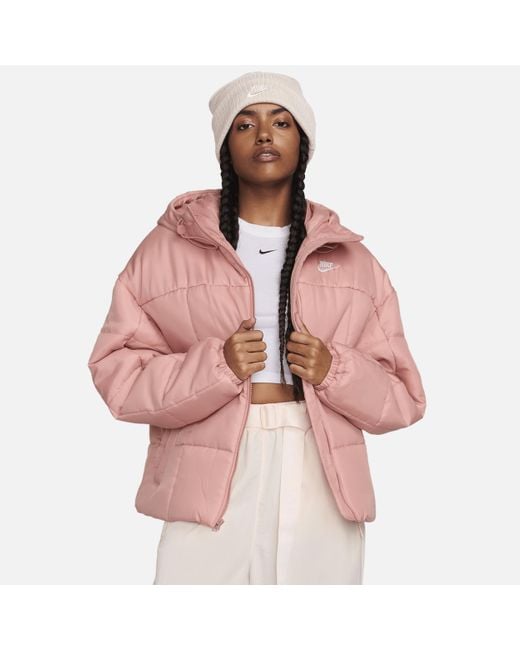 Nike Pink Sportswear Classic Puffer Therma-fit Loose Hooded Jacket Polyester
