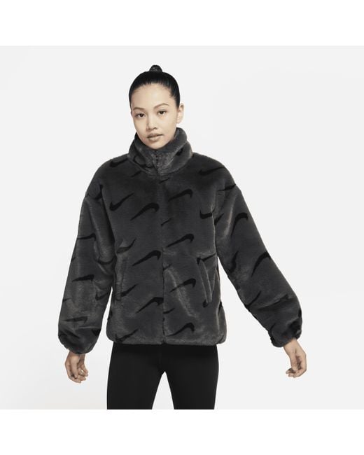 Nike Sportswear Plush Printed Faux Fur Jacket in Black | Lyst Australia