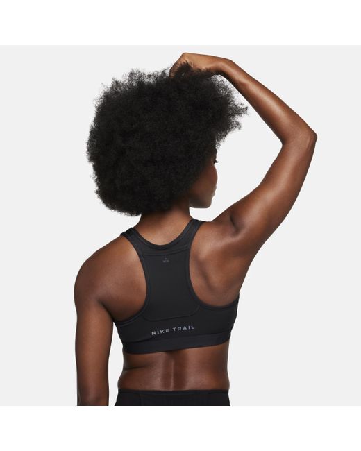 Nike Black Trail Swoosh On-the-run Medium-support Lightly Lined Sports Bra Polyester