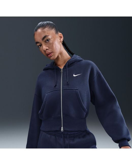 Nike Women's Blue Sportswear Phoenix Fleece Loose Full-Zip Cropped