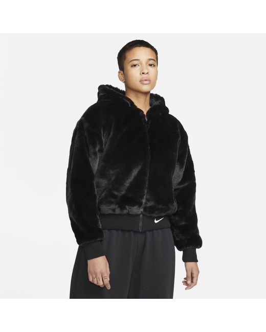 Nike Fleece Sportswear Essentials Faux Fur Jacket Black | Lyst