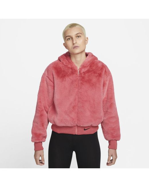 Nike Red Sportswear Essentials Faux Fur Jacket Pink