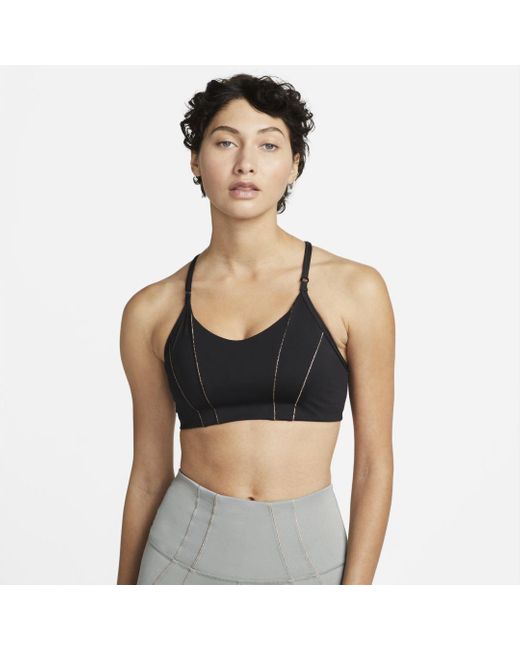 Nike Synthetic Yoga Drifit Indy Lightsupport Padded Metallic Tape Sports Bra in Black,Dark