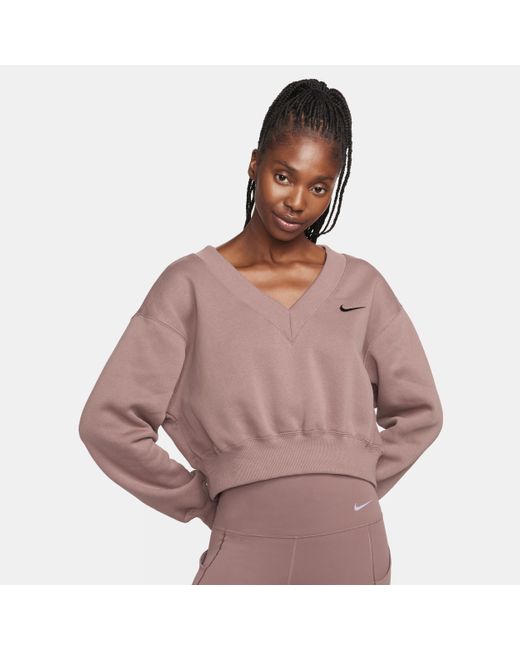 Nike Brown Sportswear Phoenix Fleece Cropped V-neck Top Polyester