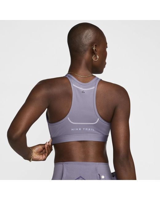 Nike Purple Trail Swoosh On-the-run Medium-support Lightly Lined Sports Bra Polyester
