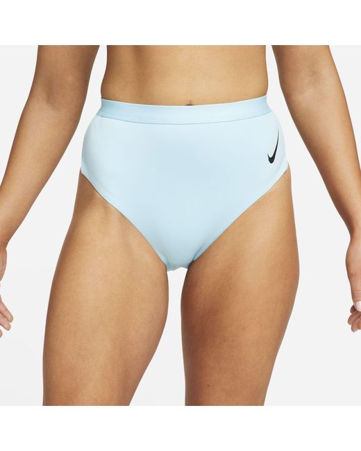 Nike Swimming high waist cheeky bikini bottom in blue