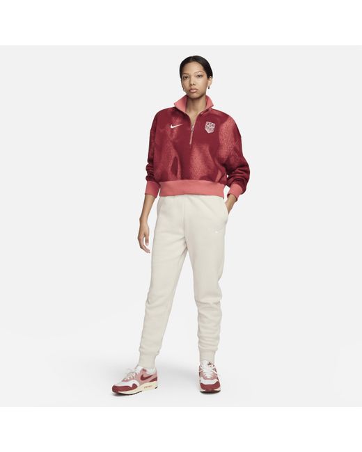 Nike Red Usmnt Phoenix Fleece Soccer Oversized 1/2-zip Crop Sweatshirt