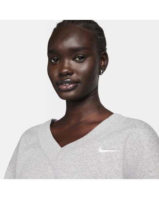 Nike Gray Sportswear Phoenix Fleece Cropped V-neck Top Polyester