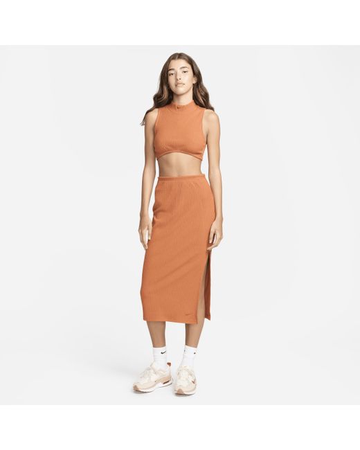 Nike Brown Sportswear Chill Knit Slim Ribbed Midi Skirt