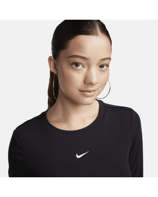 Nike Black Sportswear Essential Ribbed Long-sleeve Mod Crop Top Polyester