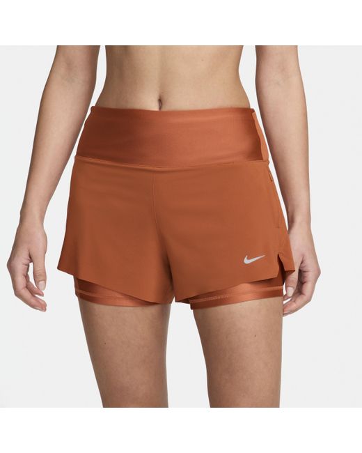 Nike Orange Dri-fit Swift Mid-rise 8cm (approx.) 2-in-1 Running Shorts With Pockets Polyester