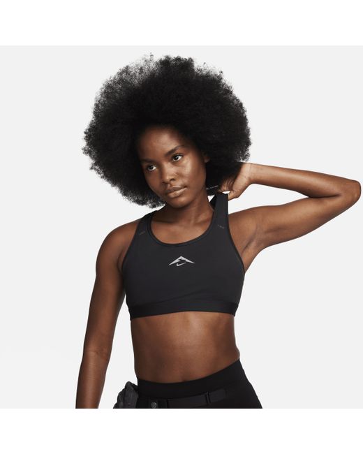 Nike Black Trail Swoosh On-the-run Medium-support Lightly Lined Sports Bra Polyester