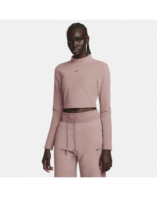 Nike Pink Sportswear Phoenix Plush Slim Mock-neck Long-sleeve Cropped Cozy Fleece Top