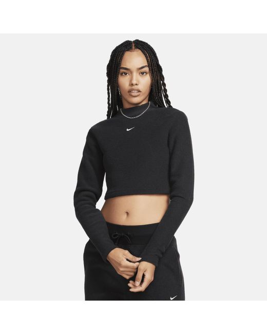 Nike Black Sportswear Phoenix Plush Slim Mock-neck Long-sleeve Cropped Cozy Fleece Top