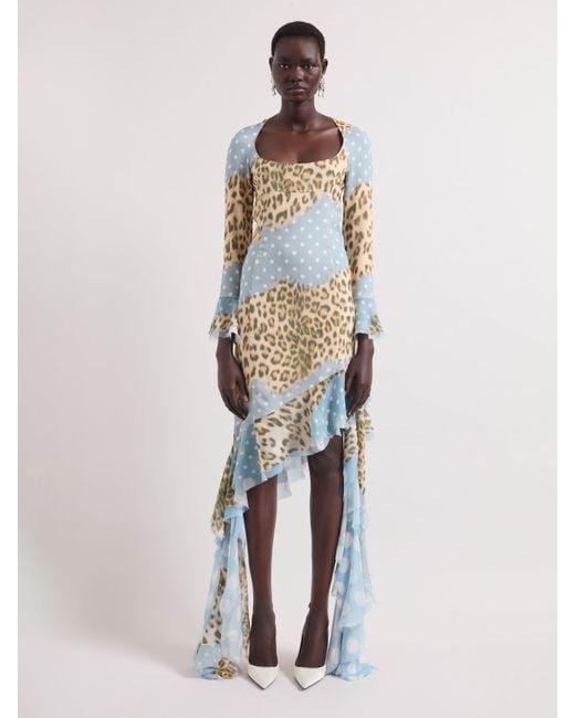 Nina Ricci White Leopard And Polka Dots Midi Silk Dress