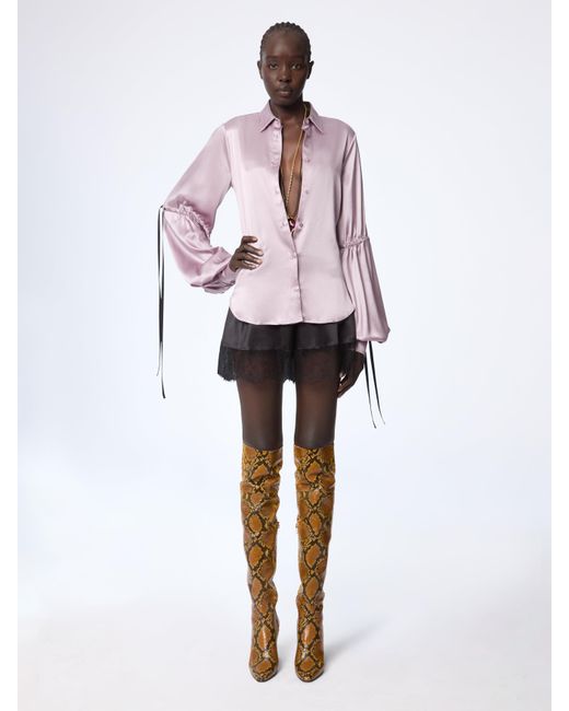 Nina Ricci White Mauve Silk Satin Shirt With Bow Details