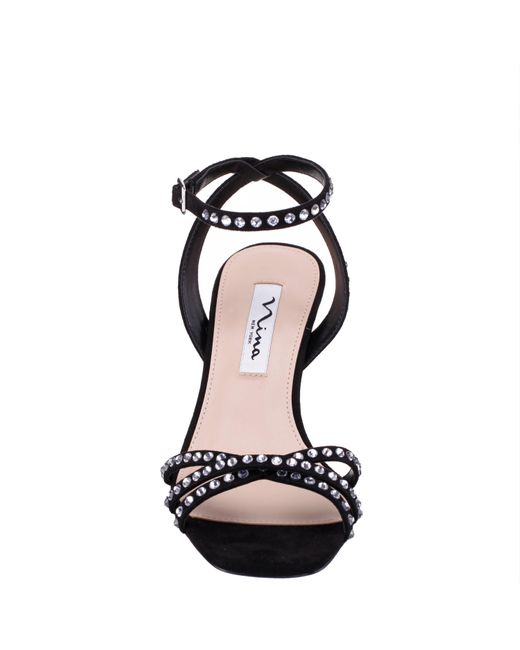 Nina Laura-women's Black Glam Suedette With Rhinestones Mid-heel Sandals