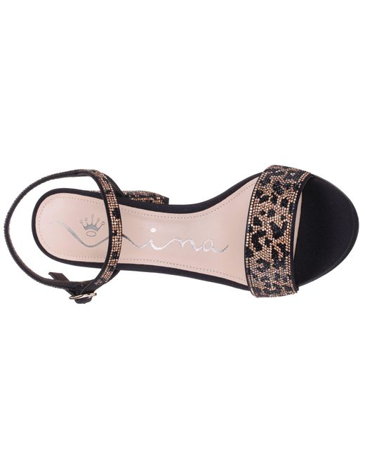 Nina Metallic Hailey-black- Satin W/leopard Stones Mid-block Heel Sandal