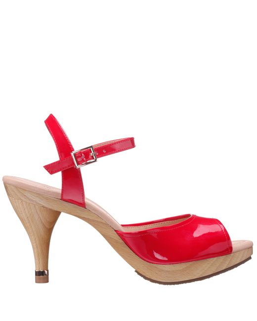 Nina Rock-cherry Red Instep Strap Sandal On A Wooden Bottom