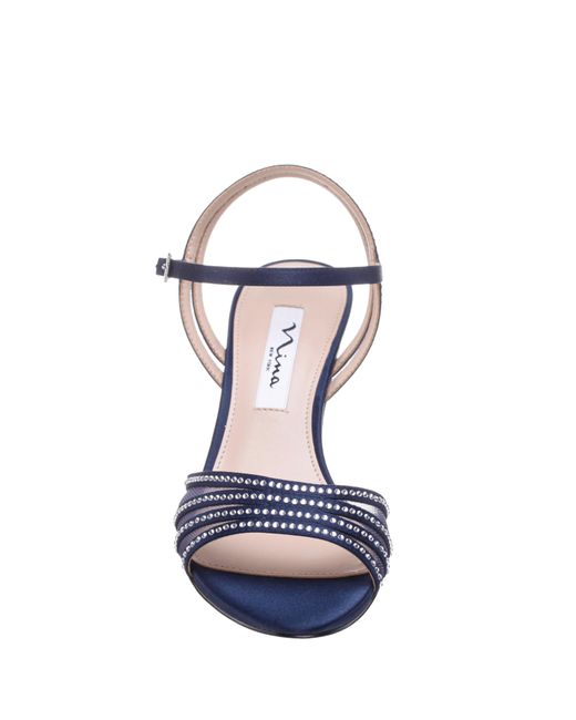 Nina Blue Nathyn-new Navy Satin W/ Crystals Mid-heel Sandal