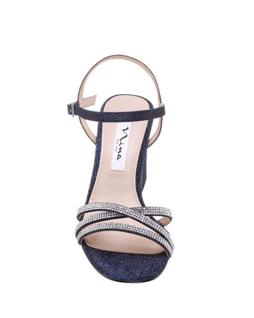 Nina Blue Quella-women's Navy Textured Metallic Mid-heel Block Sandal