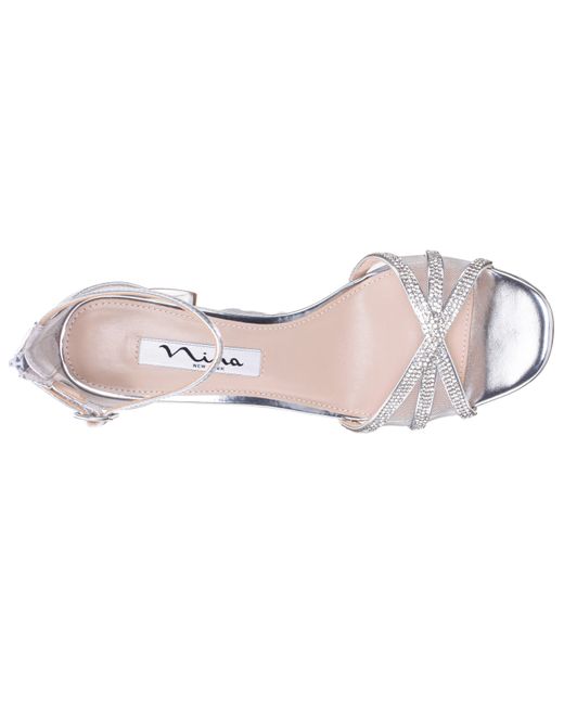 Nina Brooke-womens Silver Metallic Foil Crystal Block Mid-heel Sandal