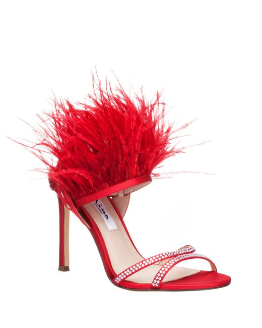 Nina Dalva-red Satin Crystal Feather Stiletto Slingback Dress Sandal