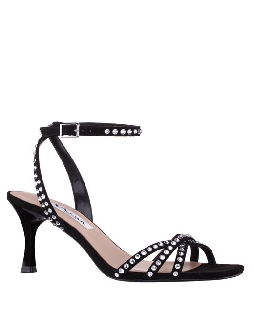 Nina Laura-women's Black Glam Suedette With Rhinestones Mid-heel Sandals
