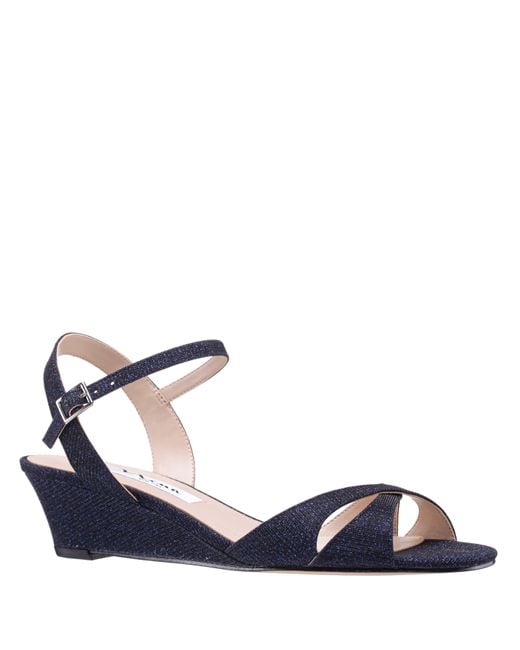 Nina Blue Flora-women's Navy Textured Metallic Mid-heel Wedge Sandal