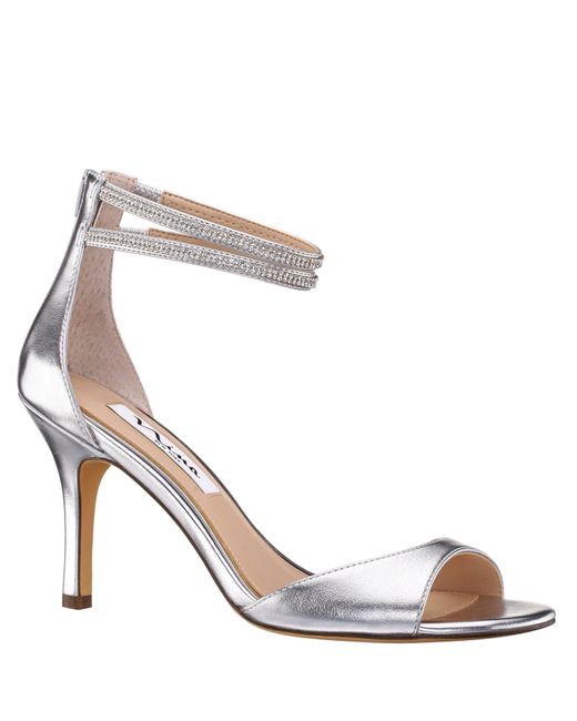 Nina Viktora-silver Metallic Foil W/rhinestsone Embellishment Mid Heel Ankle Strap Sandal