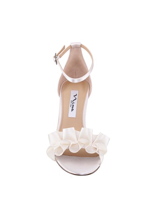 Nina White Lisa-ivory Satin W/ruffle Detail Mid Heel Sandal