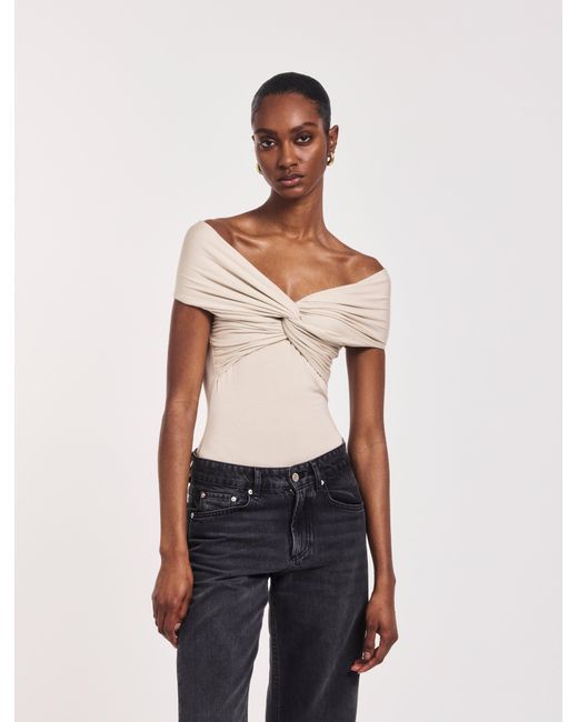 NINETY PERCENT White Laila Twist Front Bodysuit In Enoki Mushroom