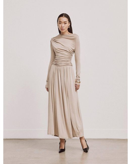 NINETY PERCENT Natural Romy Long Sleeve Draped Dress In Taupe