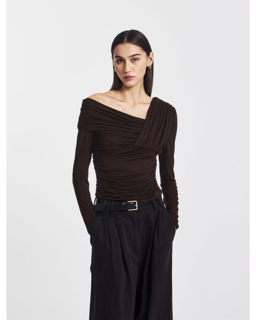 NINETY PERCENT Black Corey Ruched Long Sleeve Top In Bitter Chocolate