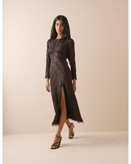 Nobody's Child Natural Jacquard Floral Long Sleeve Jamie Midi Dress
