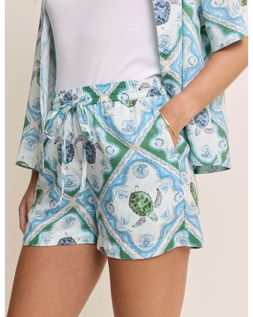 Nobody's Child Blue Ocean Printed Drawstring Linen-Blend Shorts