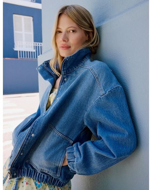Nobody's Child Blue Denim Funnel Neck Bomber Jacket