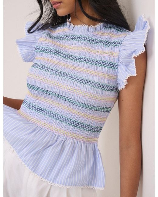Nobody's Child Blue Striped Shirred Top