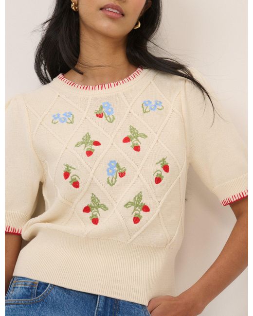 Nobody's Child Natural Strawberry Embroidered Knitted T-Shirt