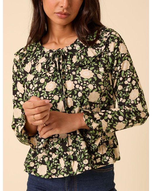 Nobody's Child Natural Floral Ruffle Collared Blouse
