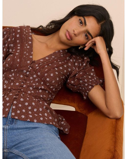 Nobody's Child Brown Ditsy Floral Puff Sleeve Seren Blouse